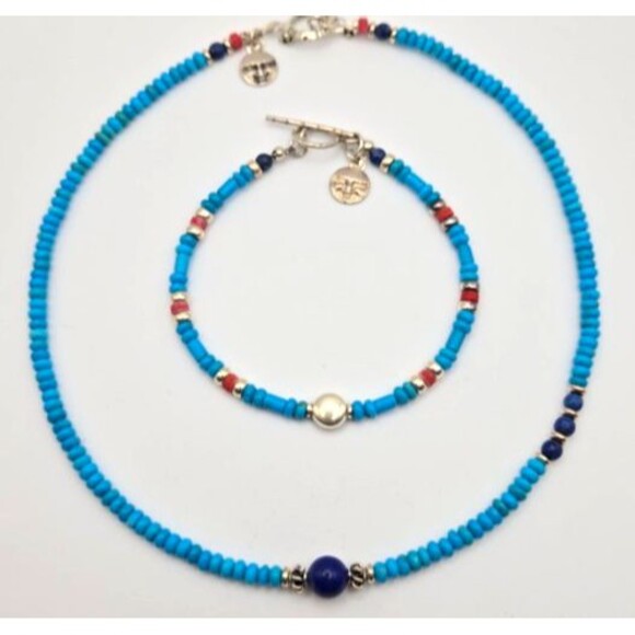 Artisan Set Blue‎ Turquoise Lapis Lazuli Red Coral 925 Silver Necklace Bracelet - Picture 5 of 6